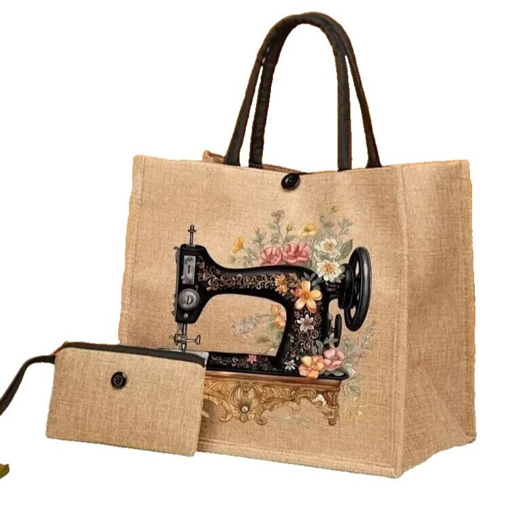 Vintage Sewing Machine Print Tote Bag Coin Purse Jute Canvas 12 x 8-in Tan Black